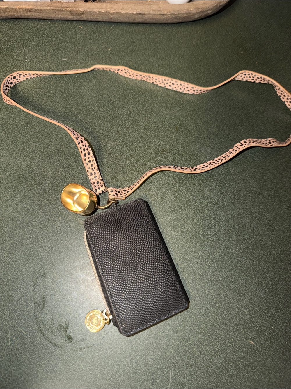 Black lanyard Card Wallet with Pink Leopard Strap and Gold Accent